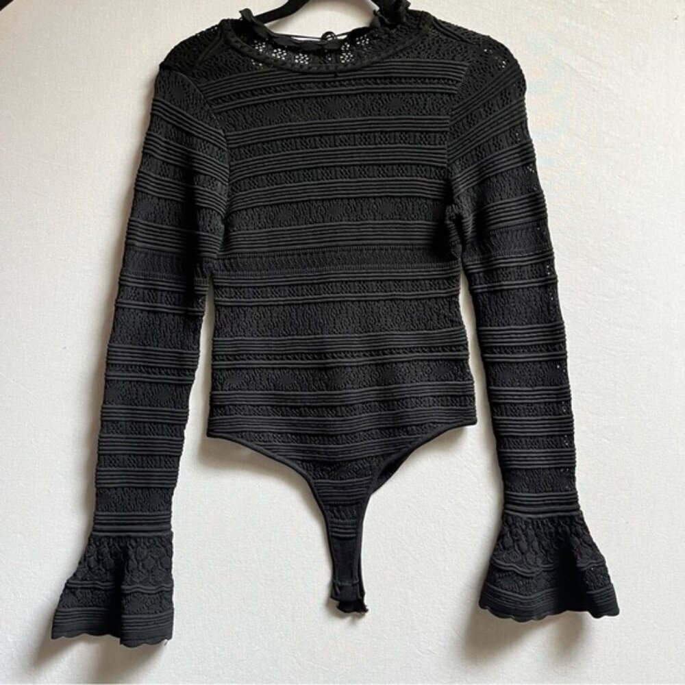Olivaceous Womens Black Long Sleeve Knitted Lace Bodysuit Sz S
